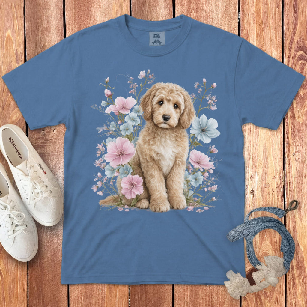 Cream Doodle Pink Floral Signature T-Shirt in Blue Jean / S by Puppy Jo