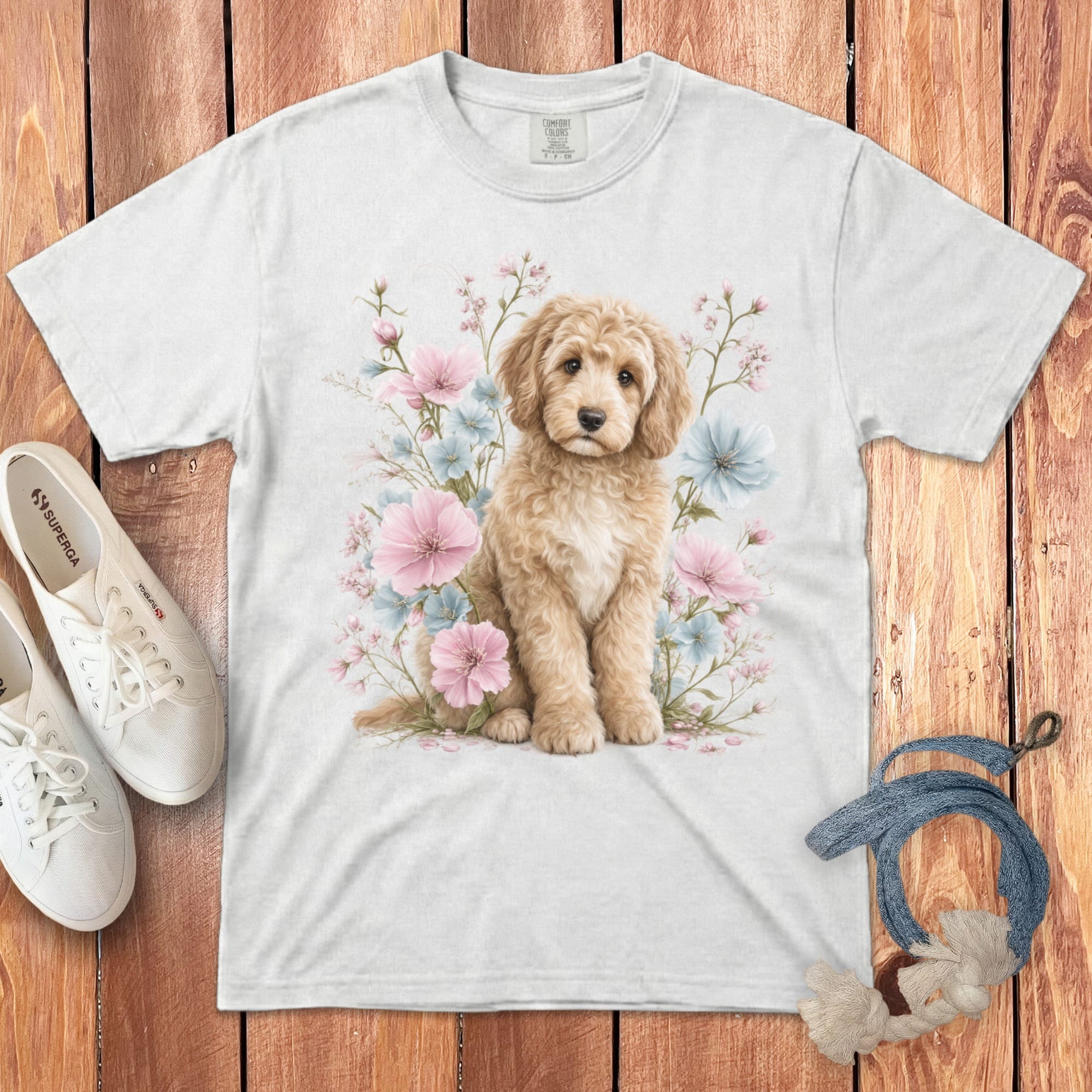 Cream Doodle Pink Floral Signature T-Shirt in White / S by Puppy Jo