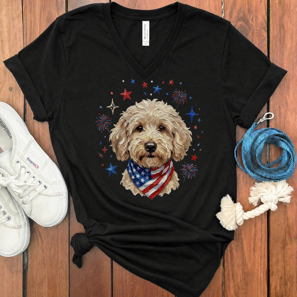 Cream Doodle Spirit V-Neck T-Shirt in Black / S by Puppy Jo