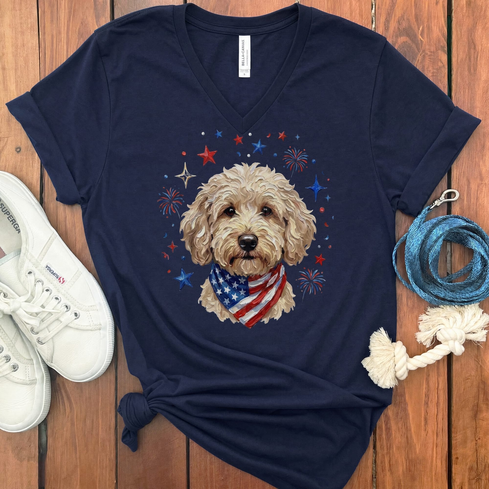 Cream Doodle Spirit V-Neck T-Shirt in Navy / S by Puppy Jo