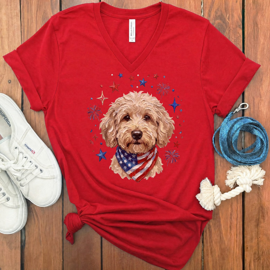 Cream Doodle Spirit V-Neck T-Shirt in Red / S by Puppy Jo