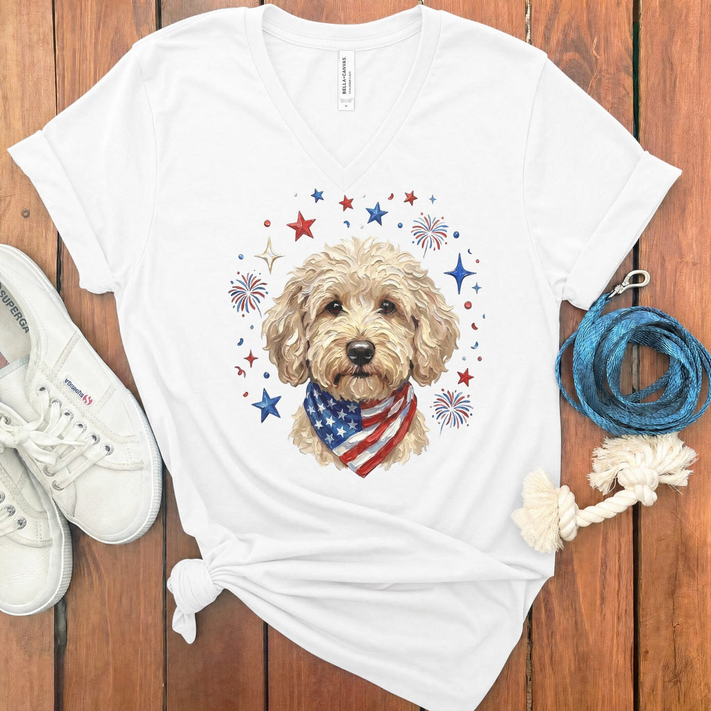 Cream Doodle Spirit V-Neck T-Shirt in White / S by Puppy Jo