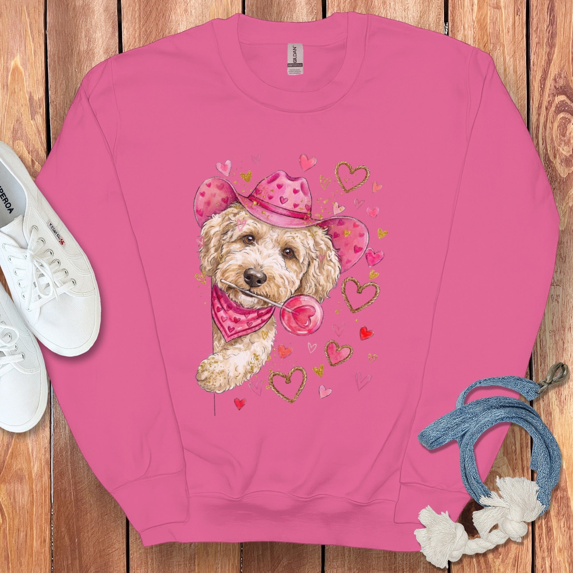 Cream Doodle Valentine Cowboy Sweatshirt in Heliconia / S by Puppy Jo