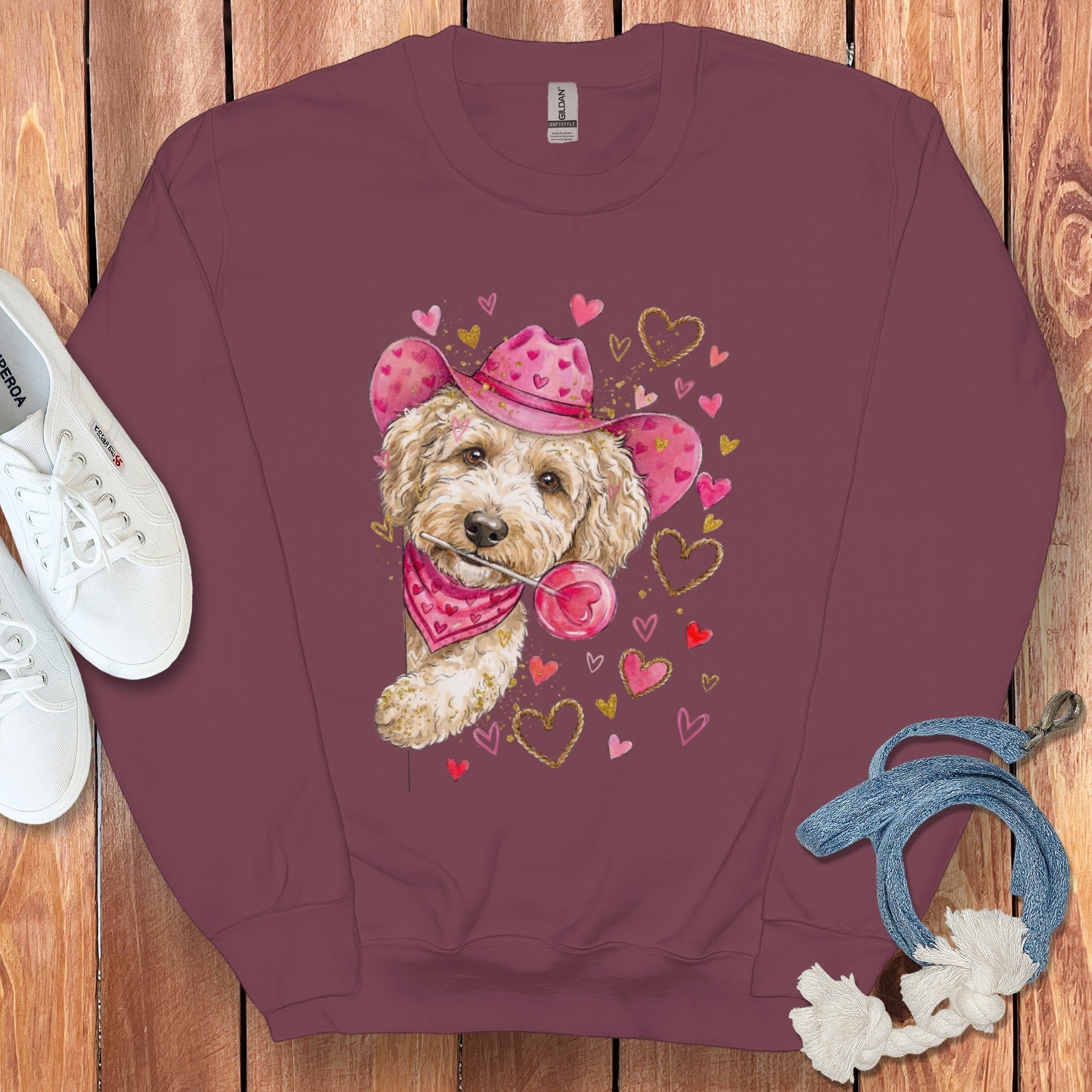Cream Doodle Valentine Cowboy Sweatshirt in Maroon / S by Puppy Jo