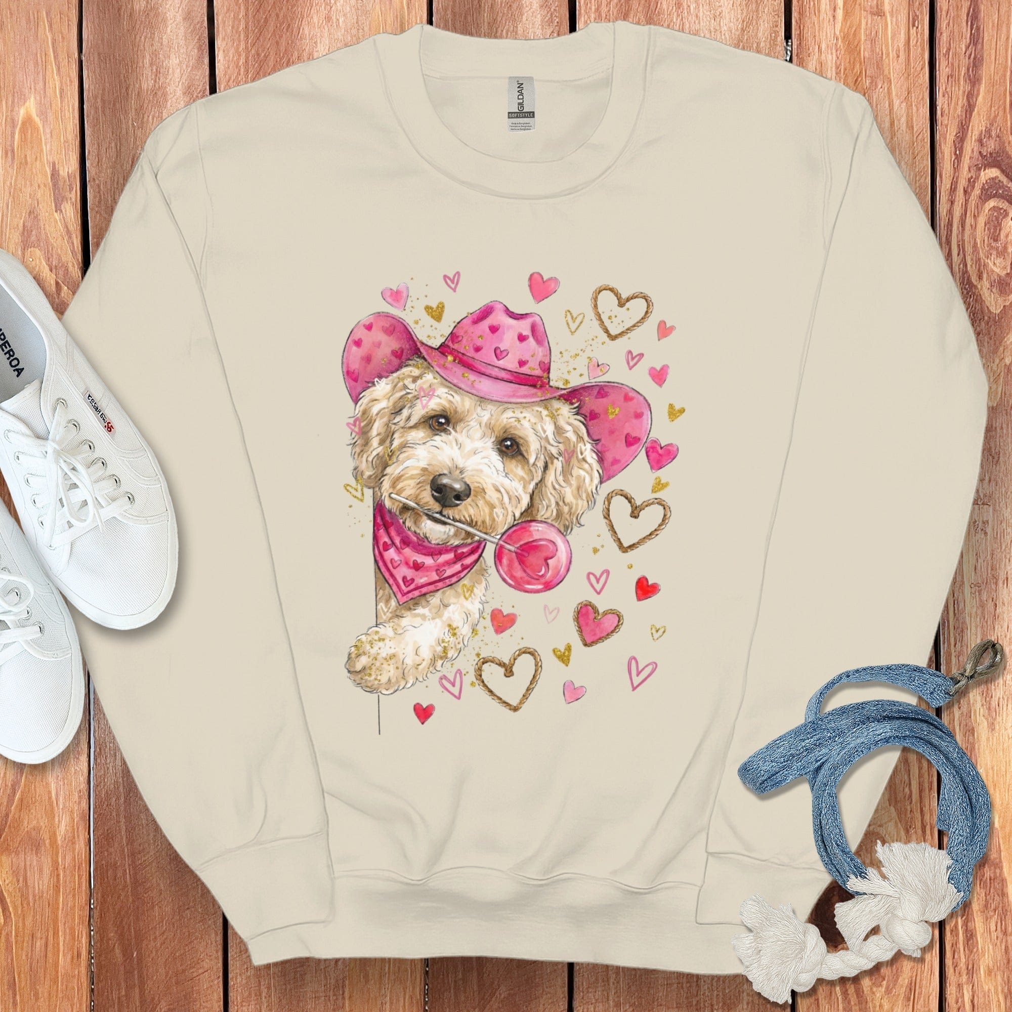 Cream Doodle Valentine Cowboy Sweatshirt in Sand / S by Puppy Jo