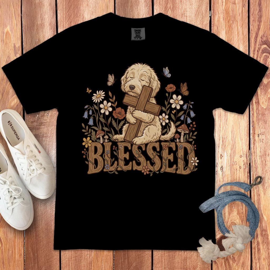 Cream Goldendoodle Blessed Signature T-Shirt in Black / S by Puppy Jo