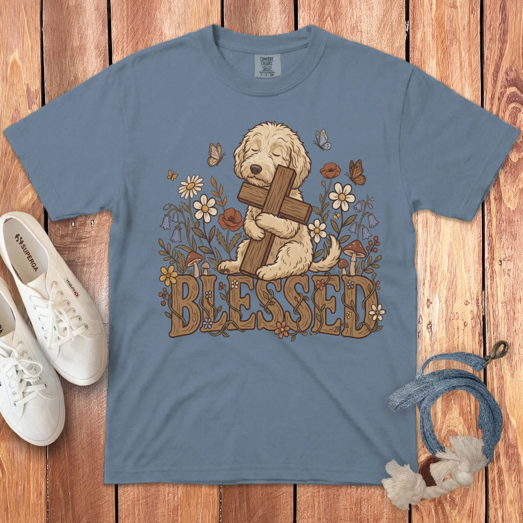 Cream Goldendoodle Blessed Signature T-Shirt in Blue Jean / S by Puppy Jo