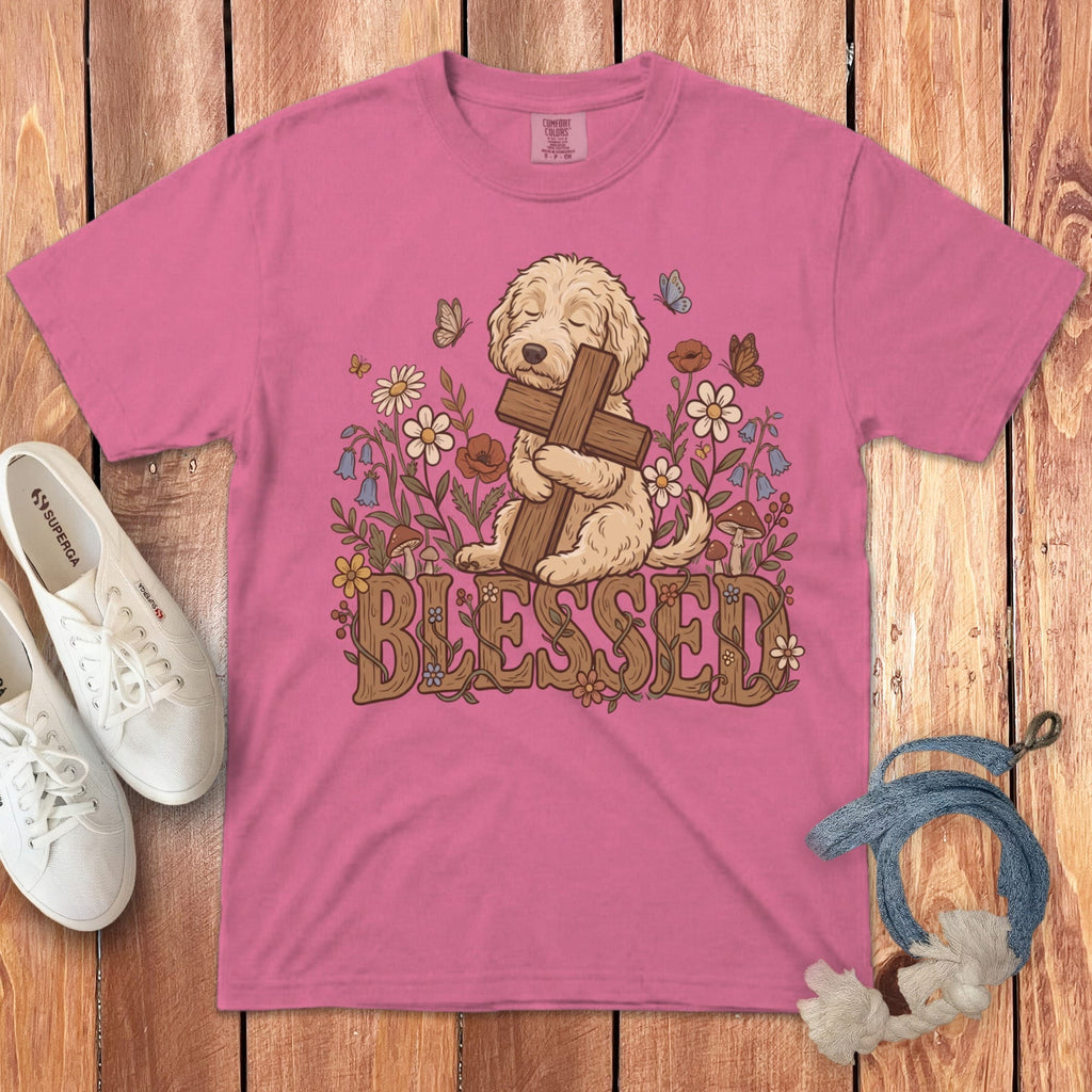 Cream Goldendoodle Blessed Signature T-Shirt in Crunchberry / S by Puppy Jo