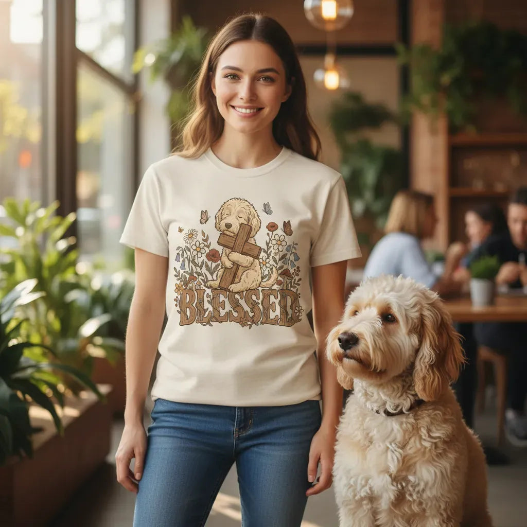 Cream Goldendoodle Blessed Signature T-Shirt in by Puppy Jo