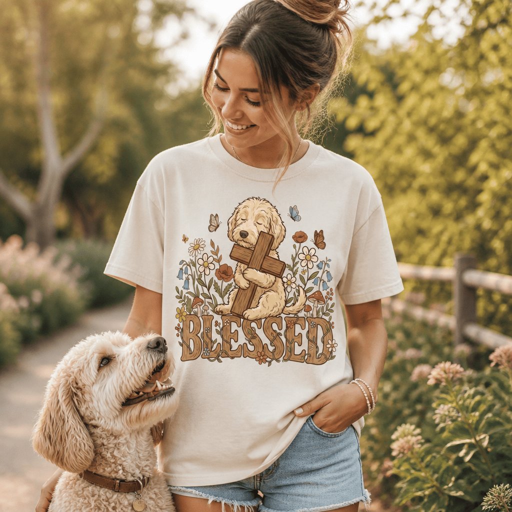 Cream Goldendoodle Blessed Signature T-Shirt in by Puppy Jo