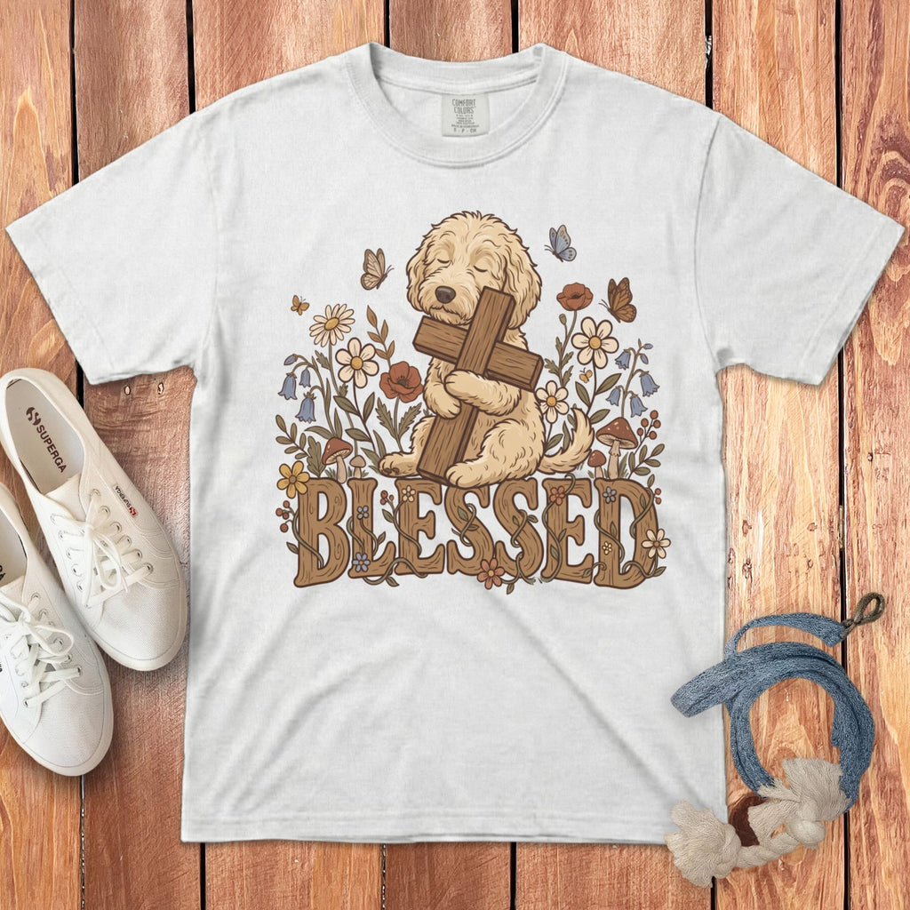 Cream Goldendoodle Blessed Signature T-Shirt in White / S by Puppy Jo