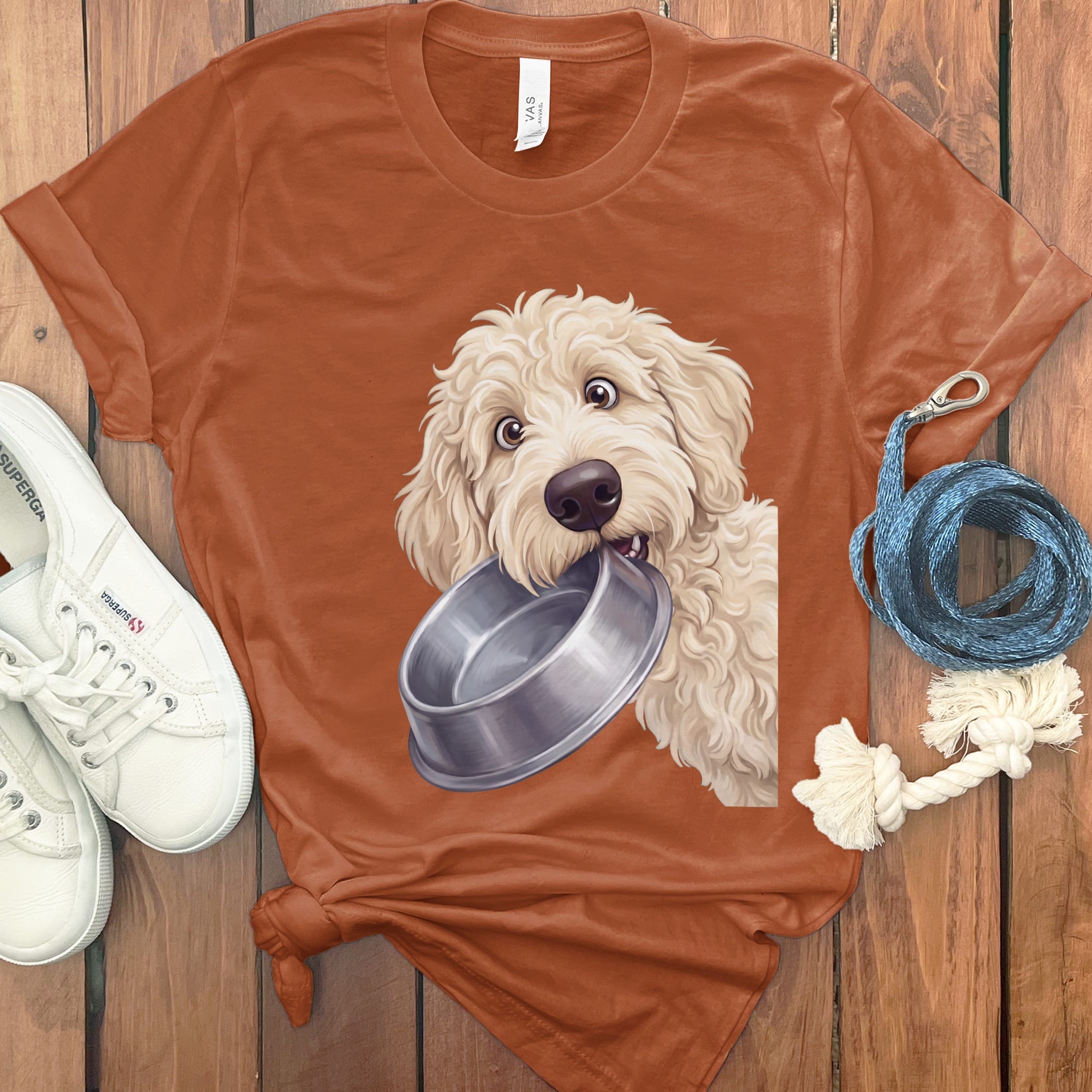 Cream Goldendoodle Bowl T-Shirt in Autumn / S by Puppy Jo