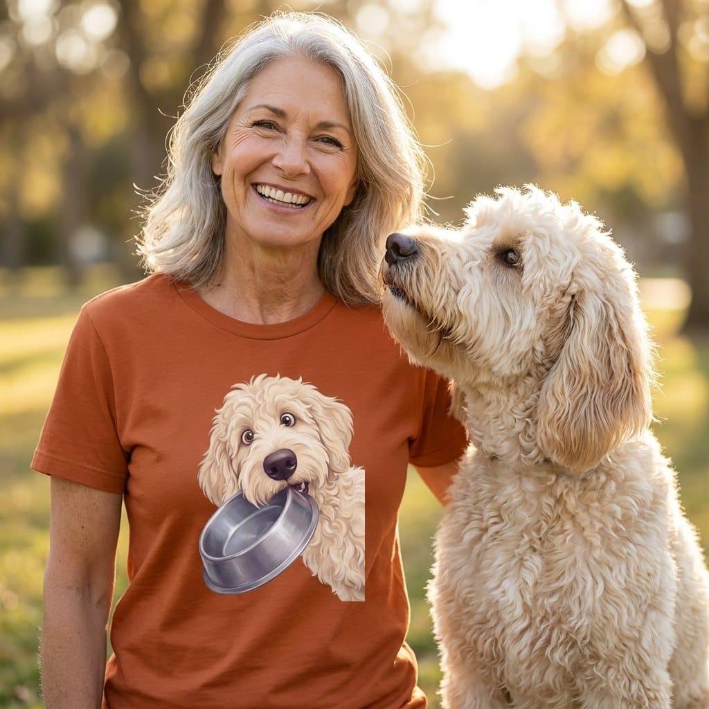 Cream Goldendoodle Bowl T-Shirt in by Puppy Jo