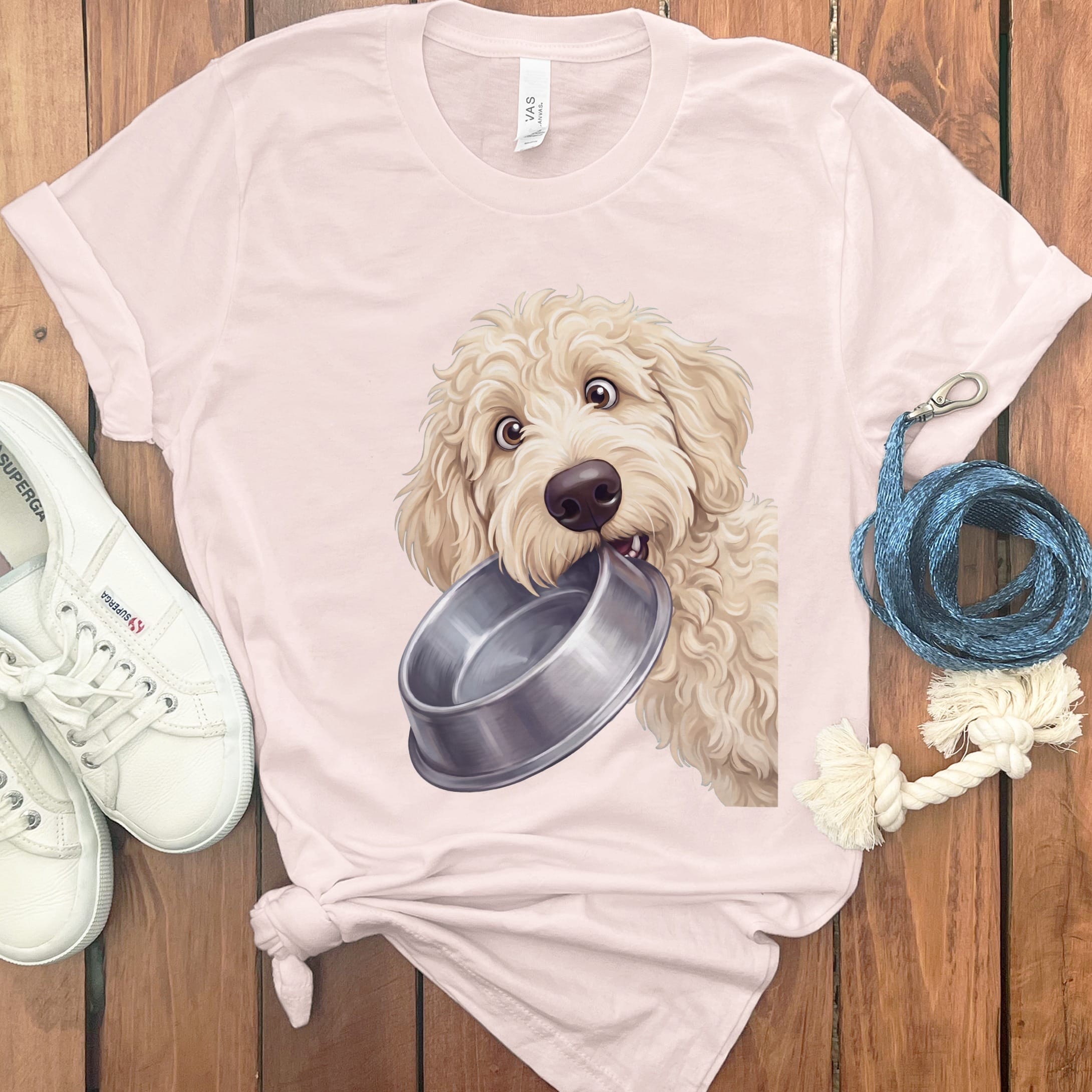 Cream Goldendoodle Bowl T-Shirt in Soft Pink / S by Puppy Jo