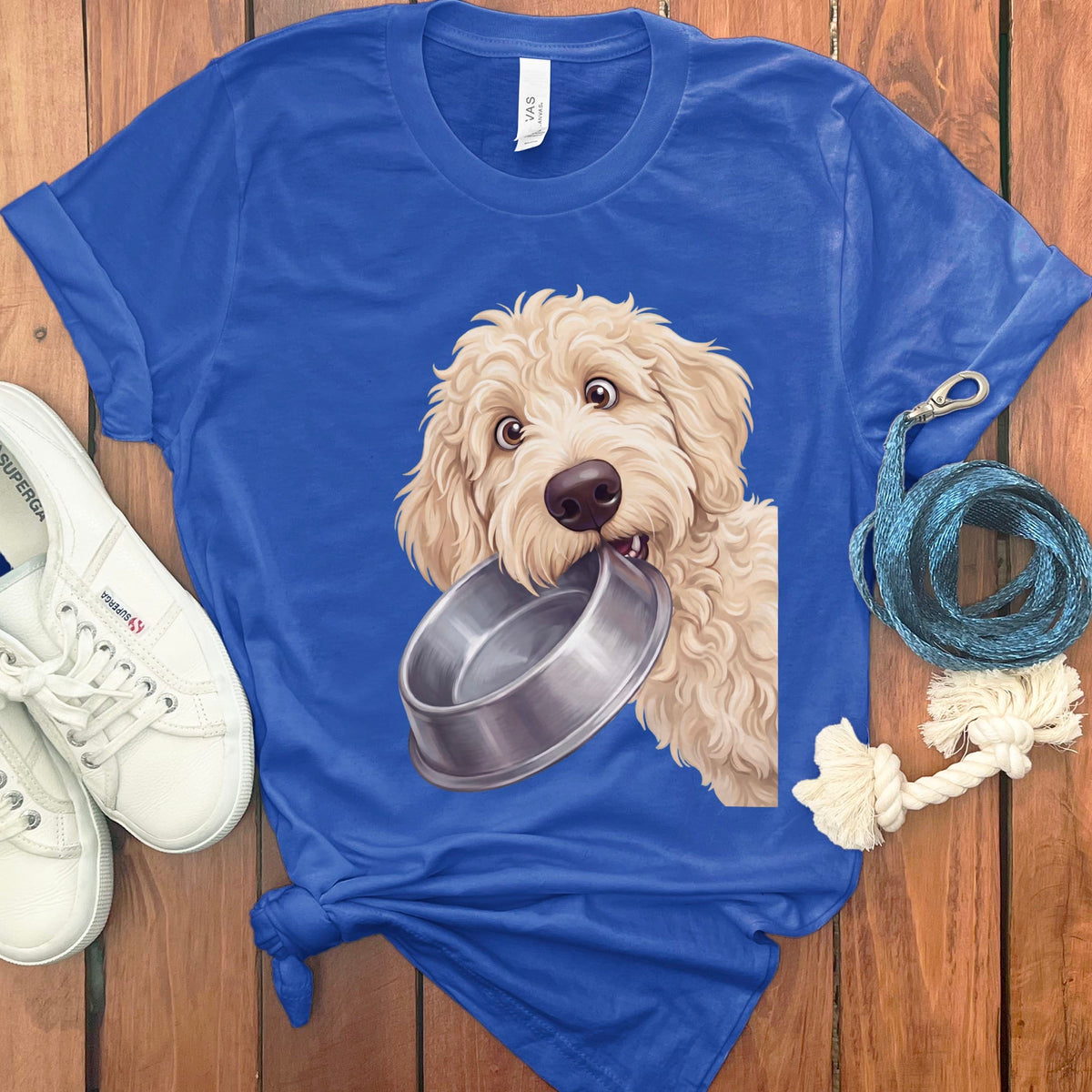 Cream Goldendoodle Bowl T-Shirt in True Royal / S by Puppy Jo
