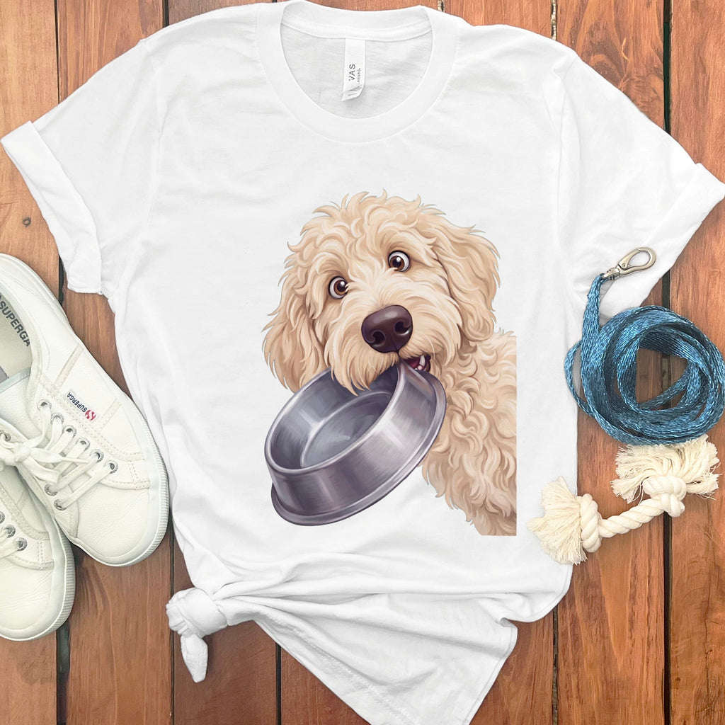 Cream Goldendoodle Bowl T-Shirt in White / S by Puppy Jo