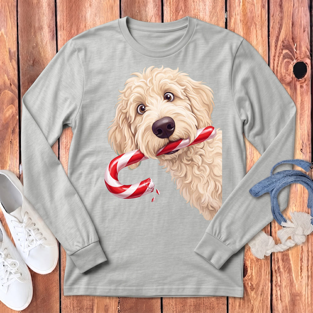 Cream Goldendoodle Candy Cane Thief Long Sleeve T-Shirt in Athletic Heather / S by Puppy Jo
