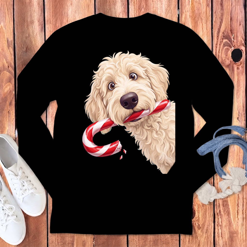 Cream Goldendoodle Candy Cane Thief Long Sleeve T-Shirt in Black / S by Puppy Jo