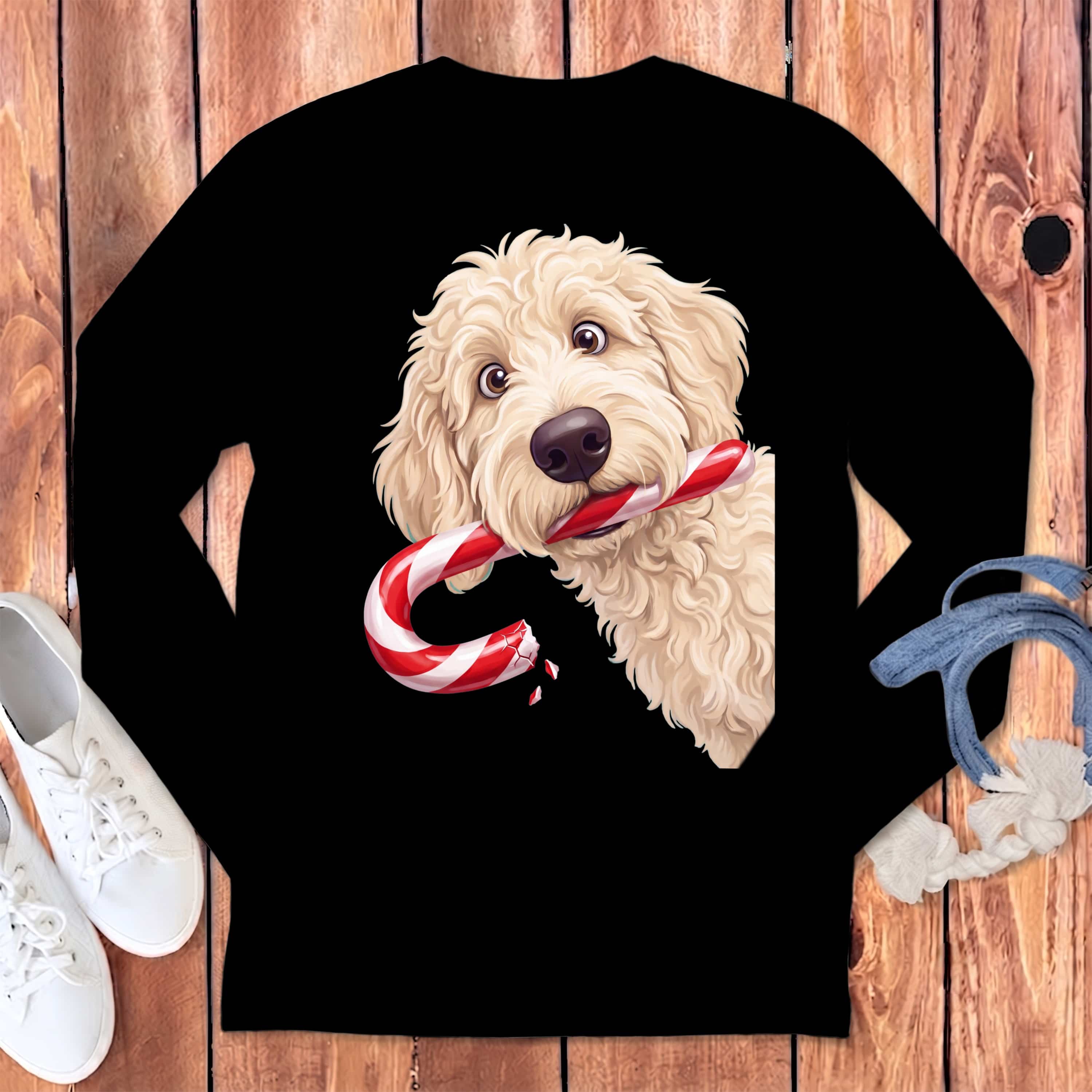 Cream Goldendoodle Candy Cane Thief Long Sleeve T-Shirt in Black / S by Puppy Jo