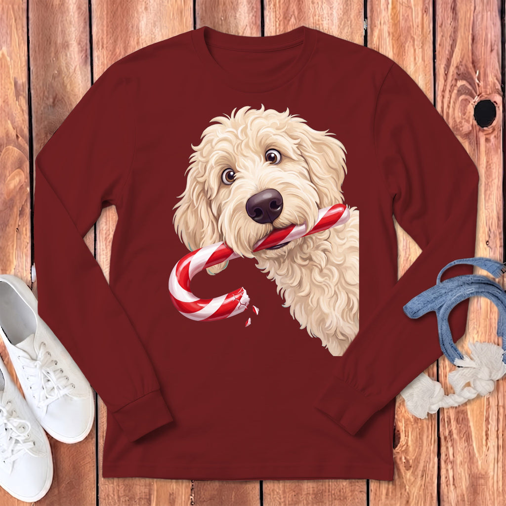 Cream Goldendoodle Candy Cane Thief Long Sleeve T-Shirt in Cardinal / S by Puppy Jo