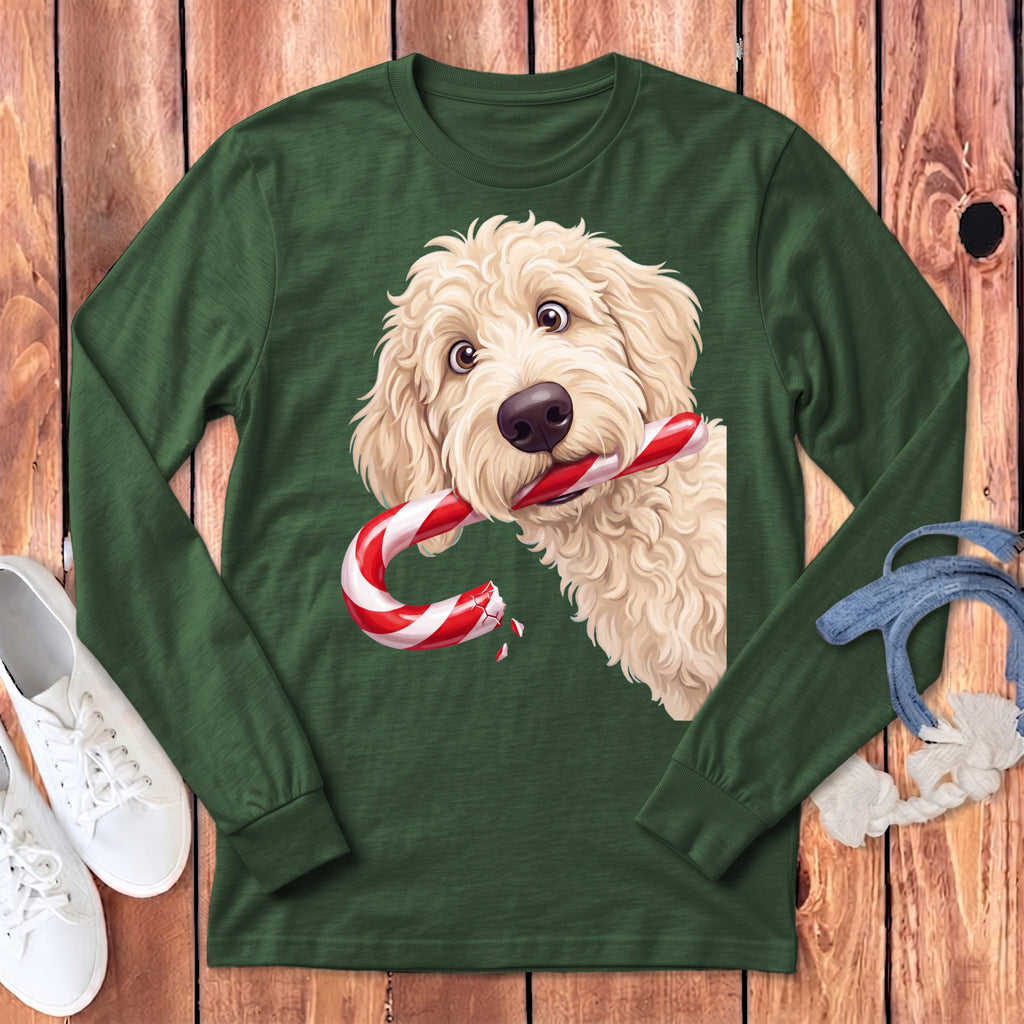 Cream Goldendoodle Candy Cane Thief Long Sleeve T-Shirt in Heather Forest / S by Puppy Jo