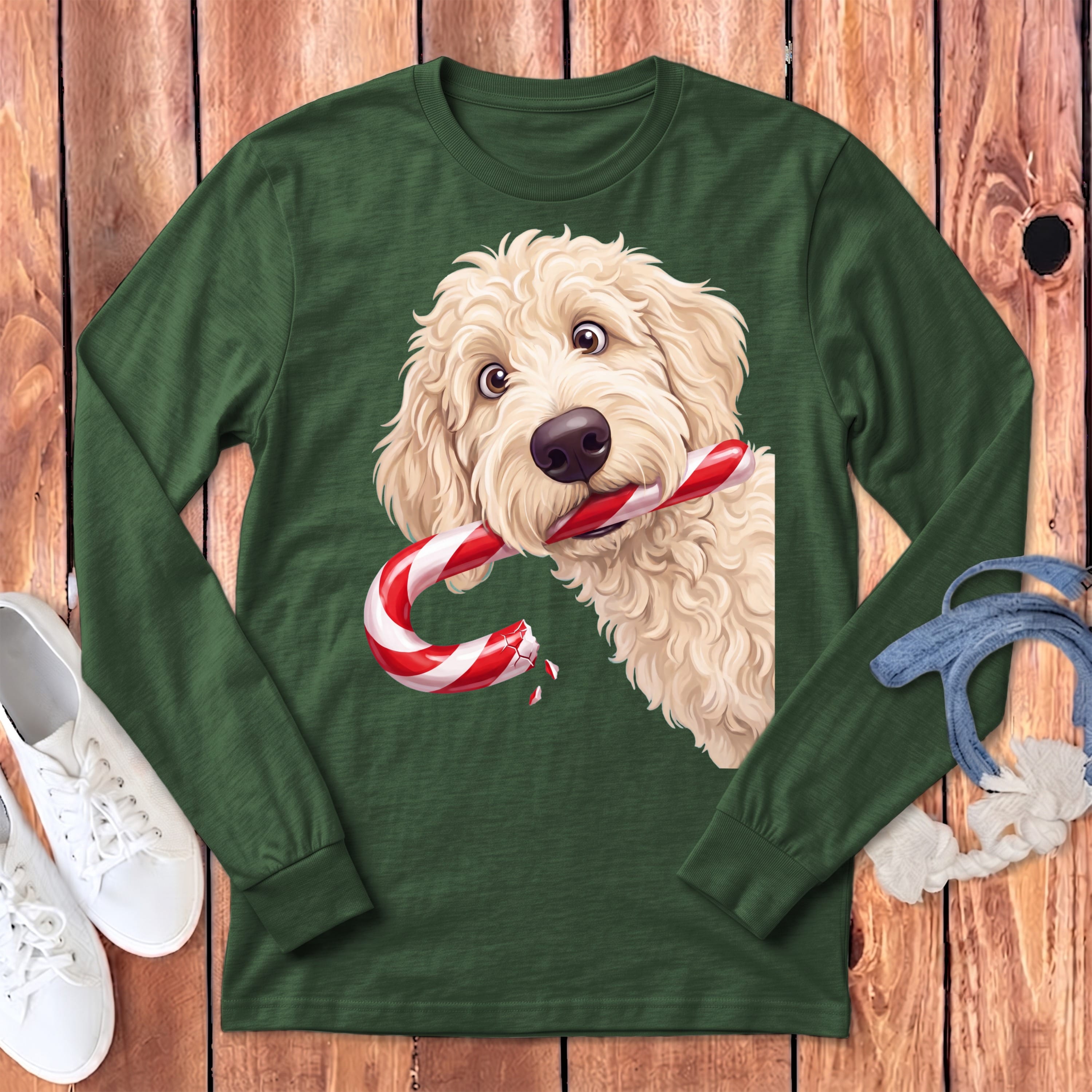 Cream Goldendoodle Candy Cane Thief Long Sleeve T-Shirt in Heather Forest / S by Puppy Jo