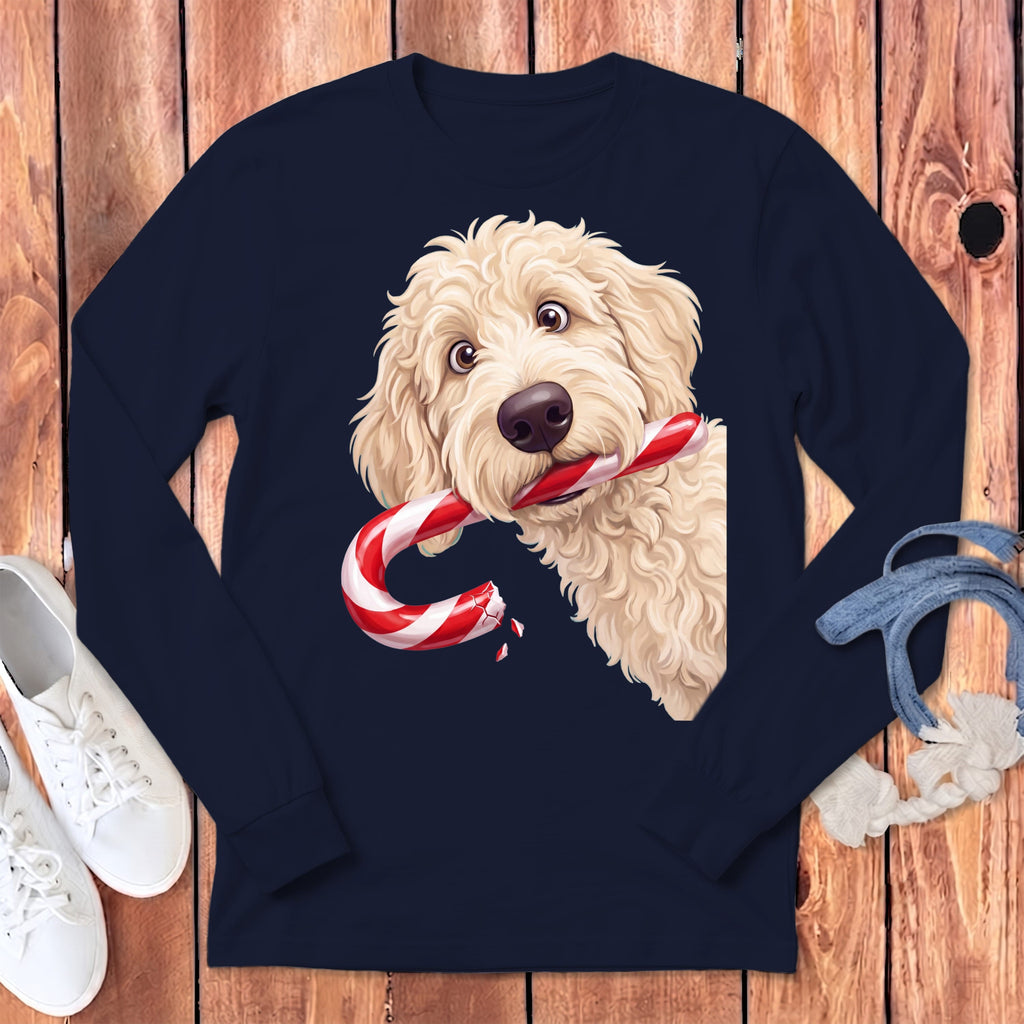 Cream Goldendoodle Candy Cane Thief Long Sleeve T-Shirt in Navy / S by Puppy Jo