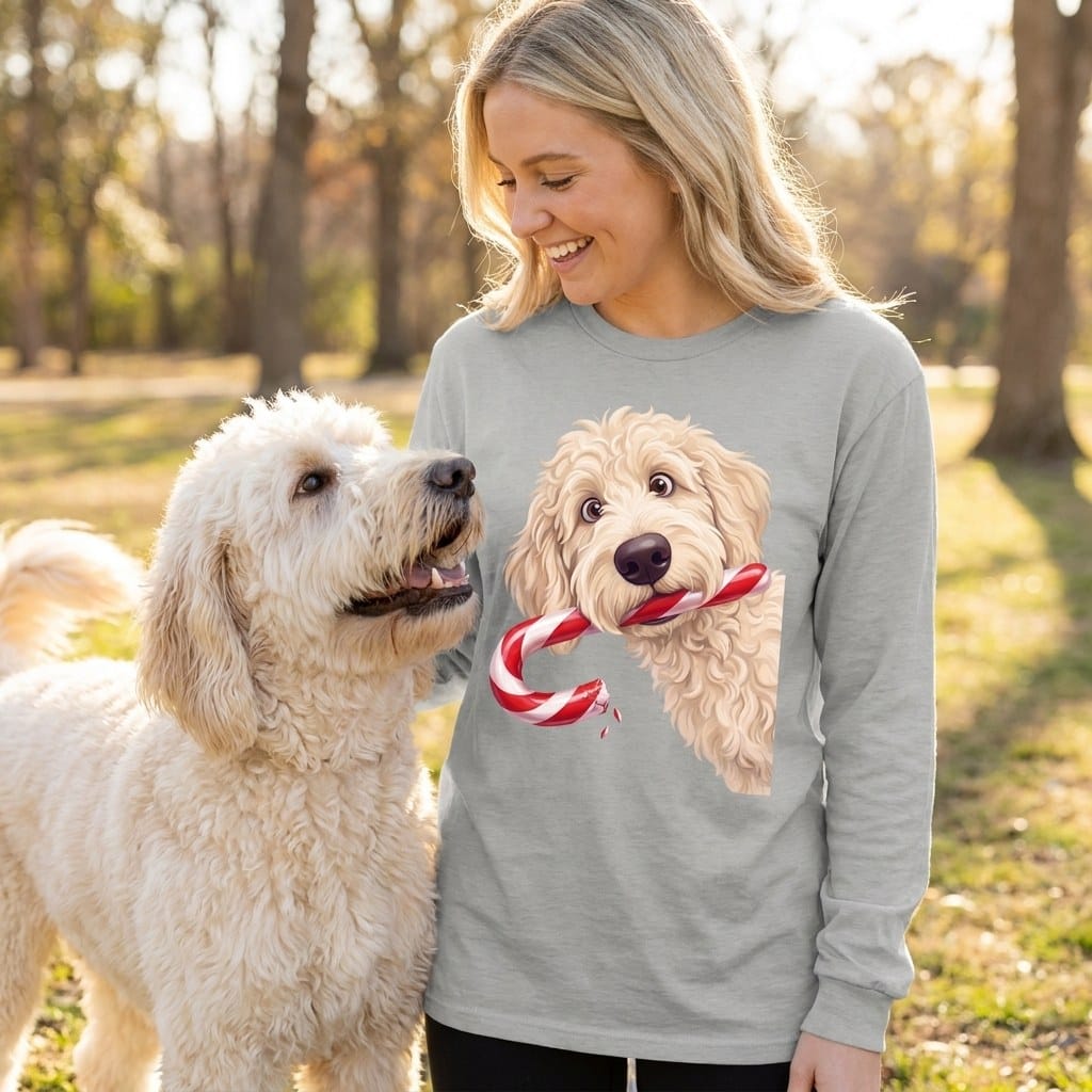 Cream Goldendoodle Candy Cane Thief Long Sleeve T-Shirt in by Puppy Jo