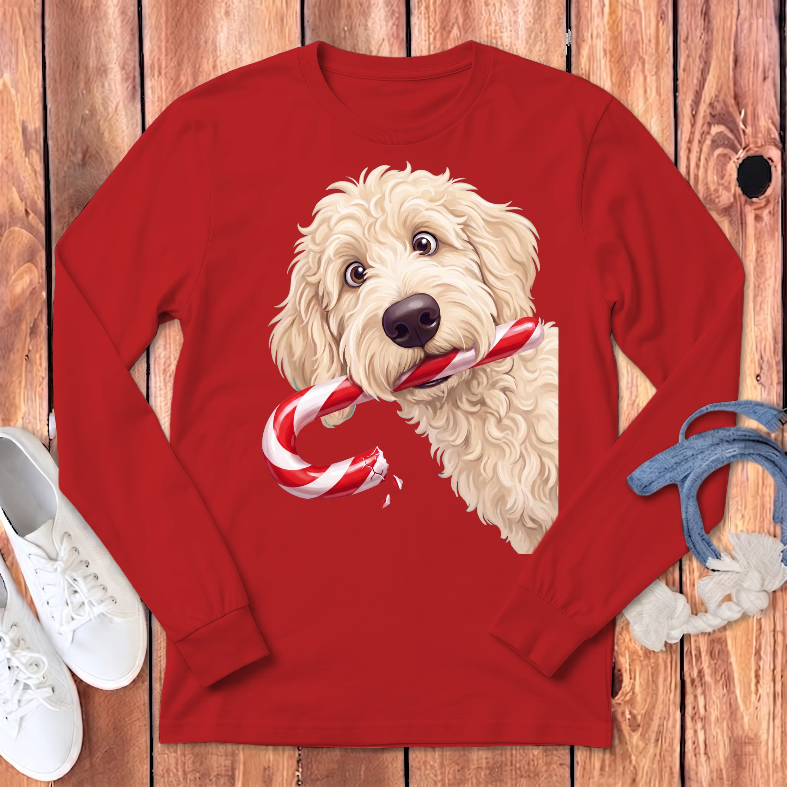 Cream Goldendoodle Candy Cane Thief Long Sleeve T-Shirt in Red / S by Puppy Jo