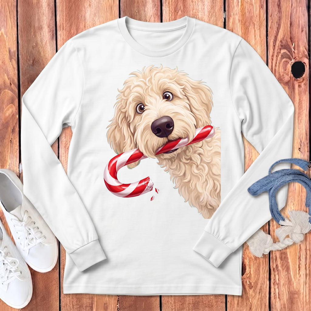 Cream Goldendoodle Candy Cane Thief Long Sleeve T-Shirt in White / S by Puppy Jo