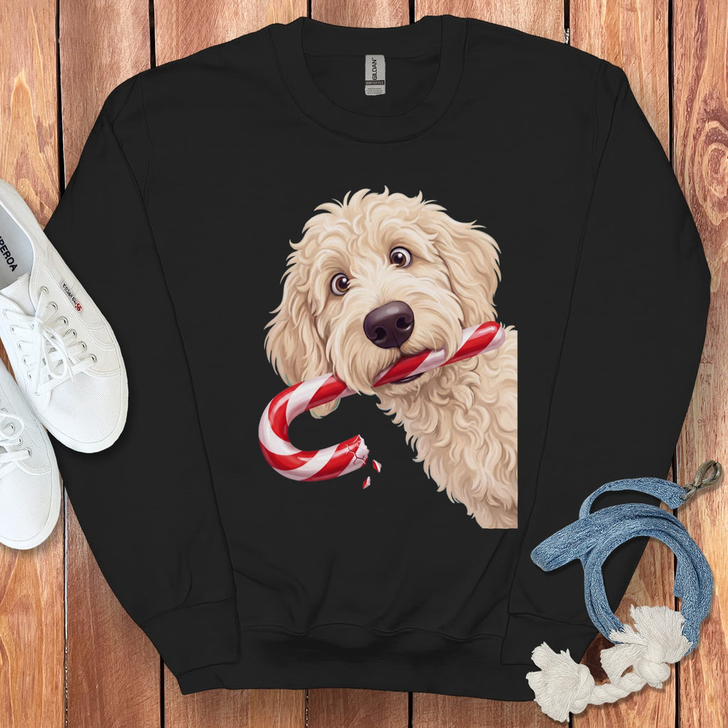Cream Goldendoodle Candy Cane Thief Sweatshirt in Black / S by Puppy Jo