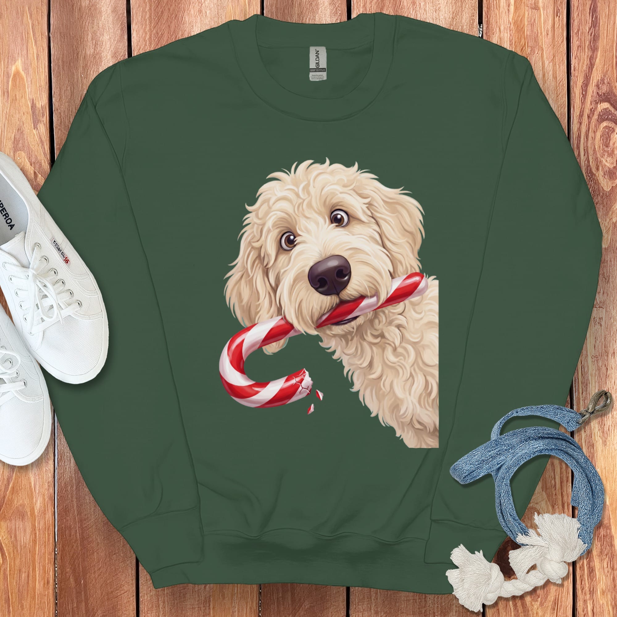 Cream Goldendoodle Candy Cane Thief Sweatshirt in Forest Green / S by Puppy Jo