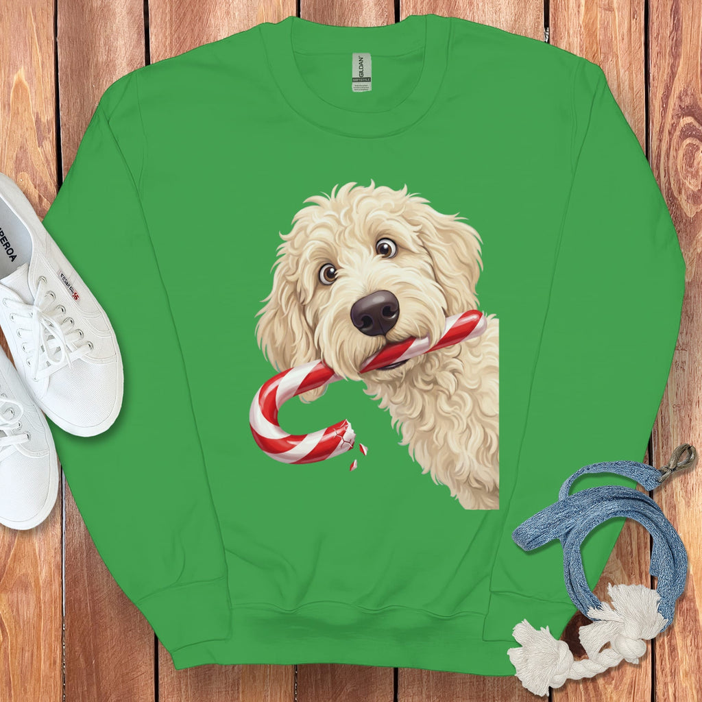 Cream Goldendoodle Candy Cane Thief Sweatshirt in Irish Green / S by Puppy Jo