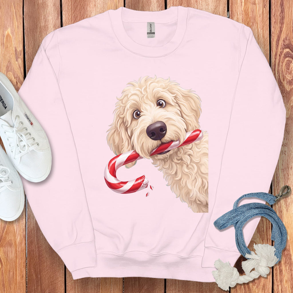 Cream Goldendoodle Candy Cane Thief Sweatshirt in Light Pink / S by Puppy Jo