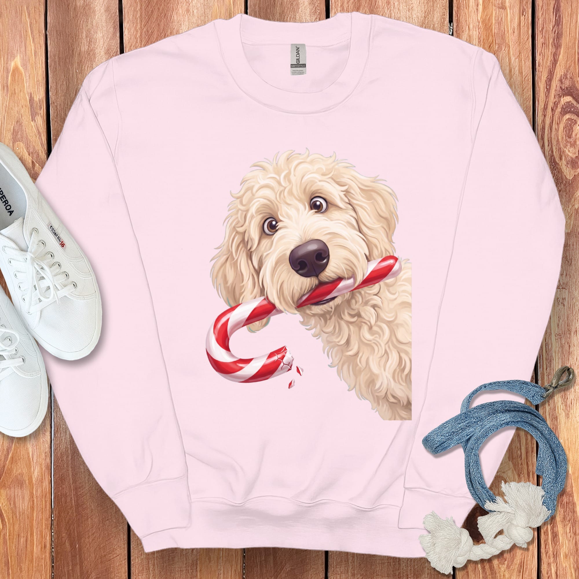 Cream Goldendoodle Candy Cane Thief Sweatshirt in Light Pink / S by Puppy Jo
