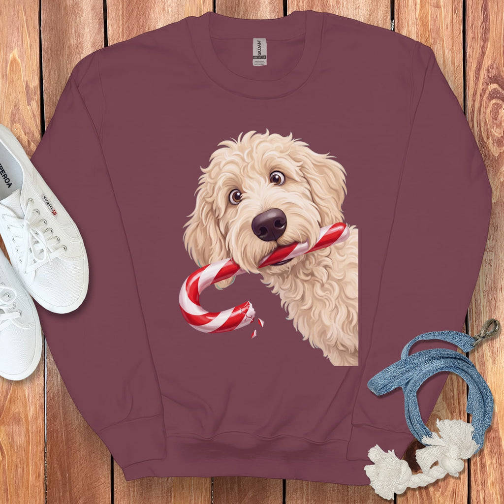 Cream Goldendoodle Candy Cane Thief Sweatshirt in Maroon / S by Puppy Jo