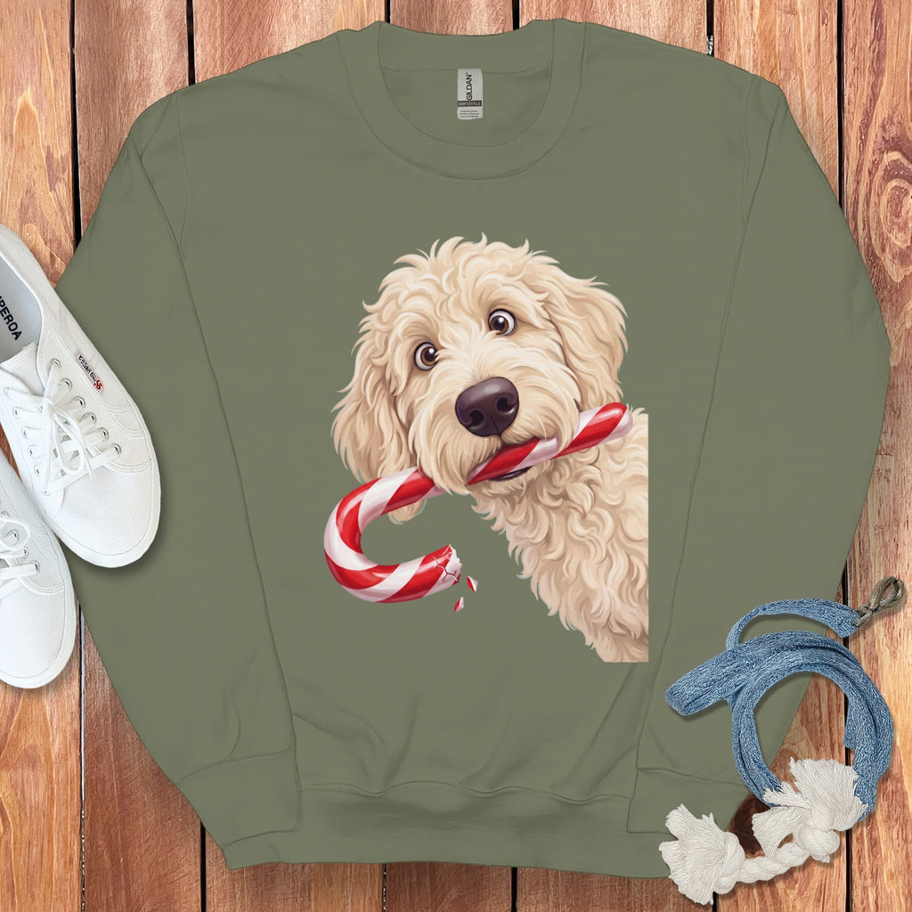 Cream Goldendoodle Candy Cane Thief Sweatshirt in Military Green / S by Puppy Jo