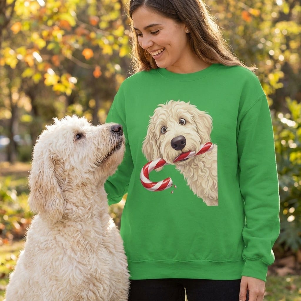 Cream Goldendoodle Candy Cane Thief Sweatshirt in by Puppy Jo
