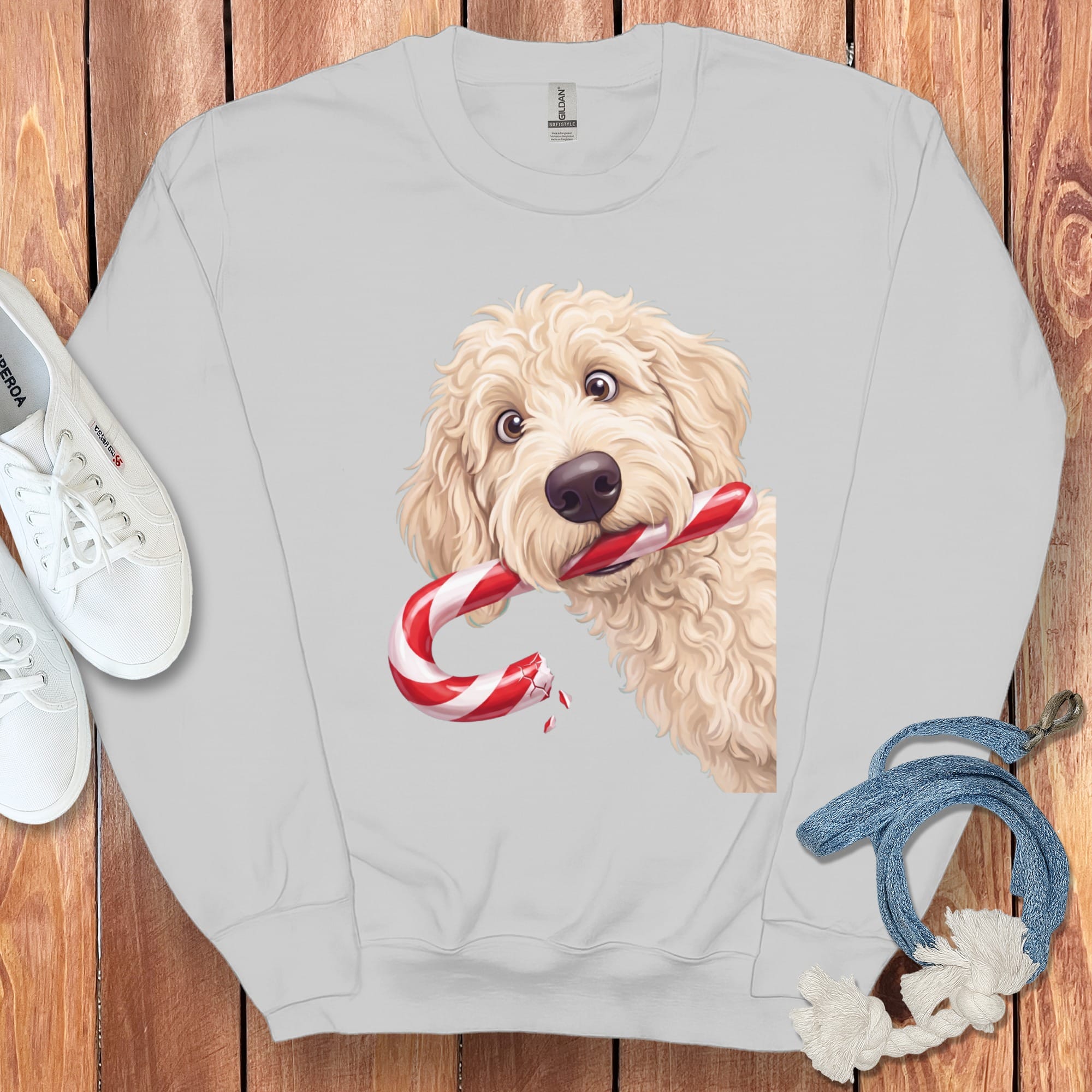 Cream Goldendoodle Candy Cane Thief Sweatshirt in Sport Grey / S by Puppy Jo