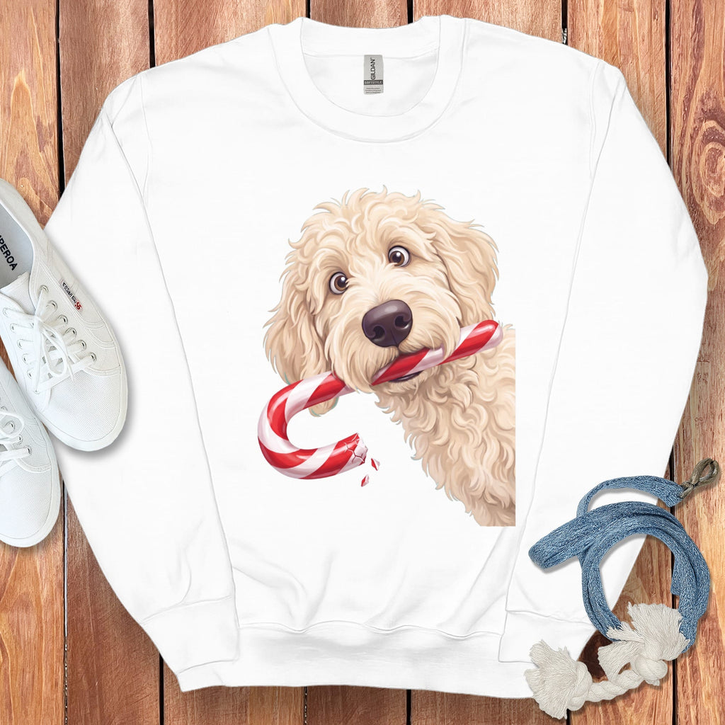 Cream Goldendoodle Candy Cane Thief Sweatshirt in White / S by Puppy Jo