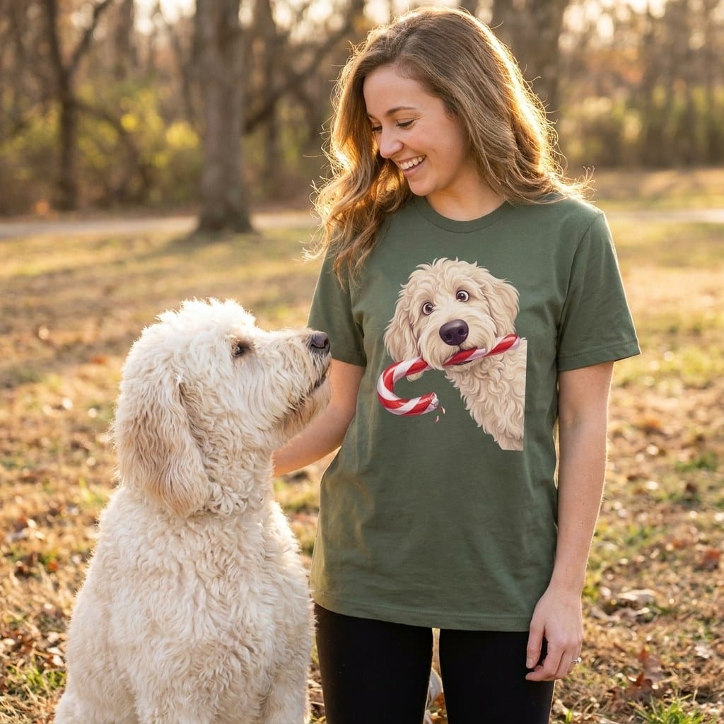 Cream Goldendoodle Candy Cane Thief T-Shirt in by Puppy Jo