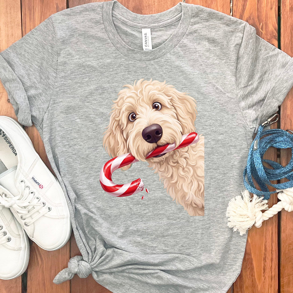 Cream Goldendoodle Candy Cane Thief T-Shirt in S / Athletic Heather by Puppy Jo