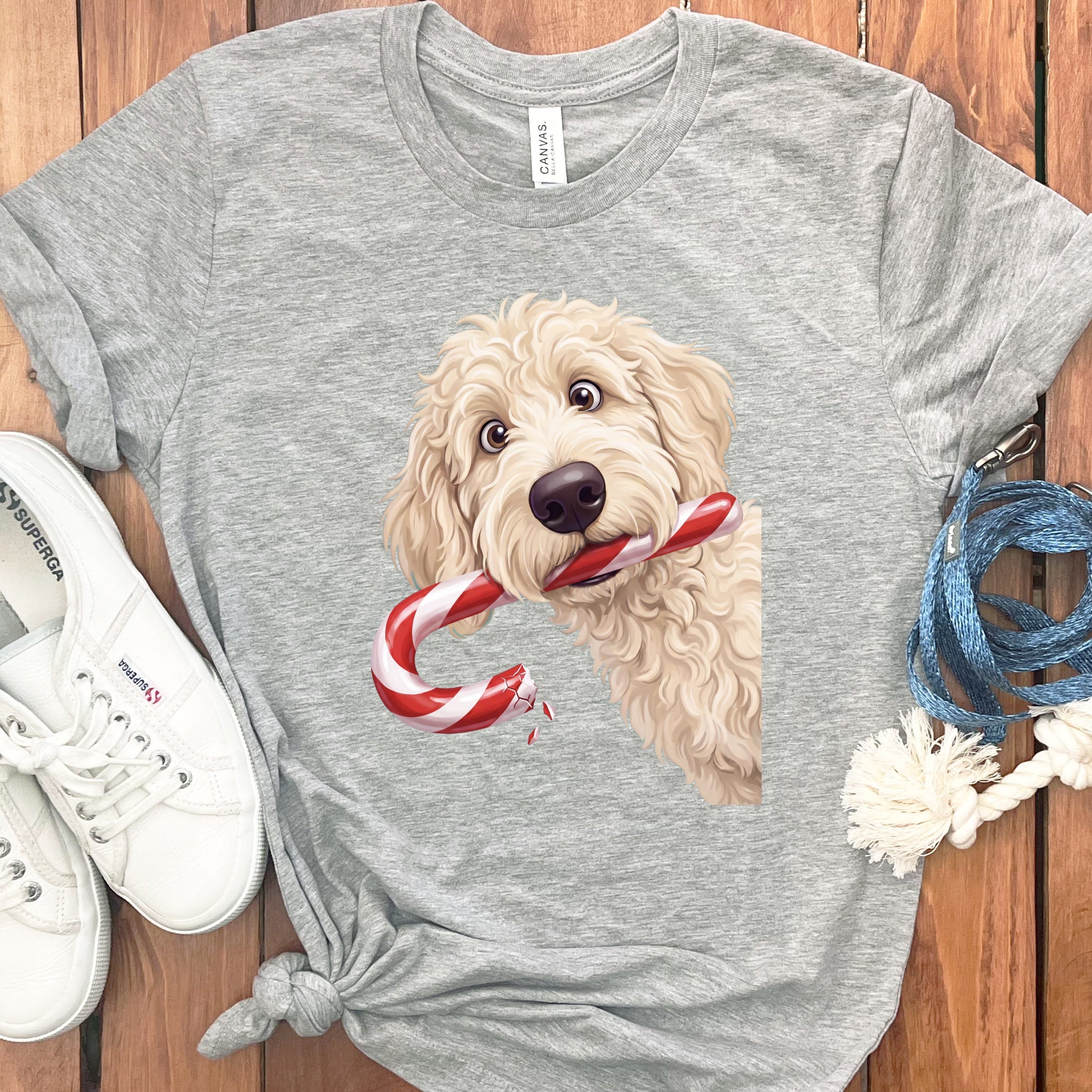 Cream Goldendoodle Candy Cane Thief T-Shirt in S / Athletic Heather by Puppy Jo