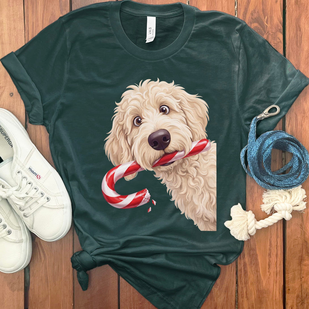 Cream Goldendoodle Candy Cane Thief T-Shirt in S / Forest by Puppy Jo
