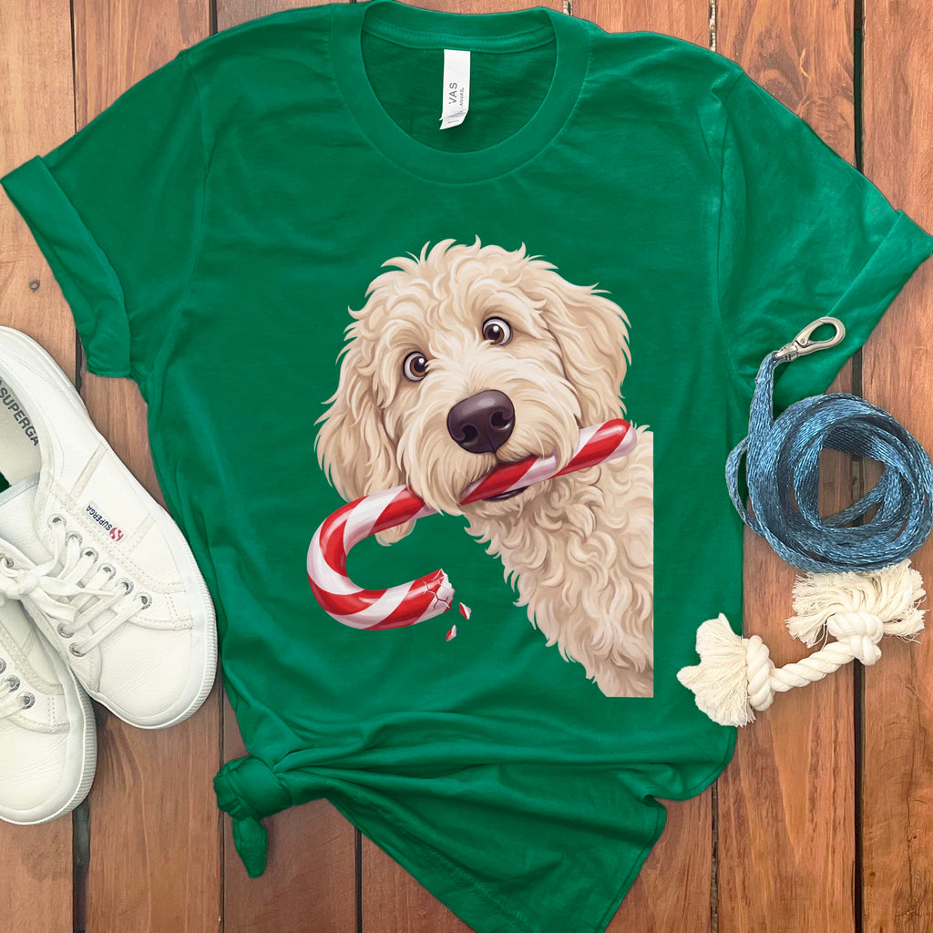 Cream Goldendoodle Candy Cane Thief T-Shirt in S / Kelly by Puppy Jo