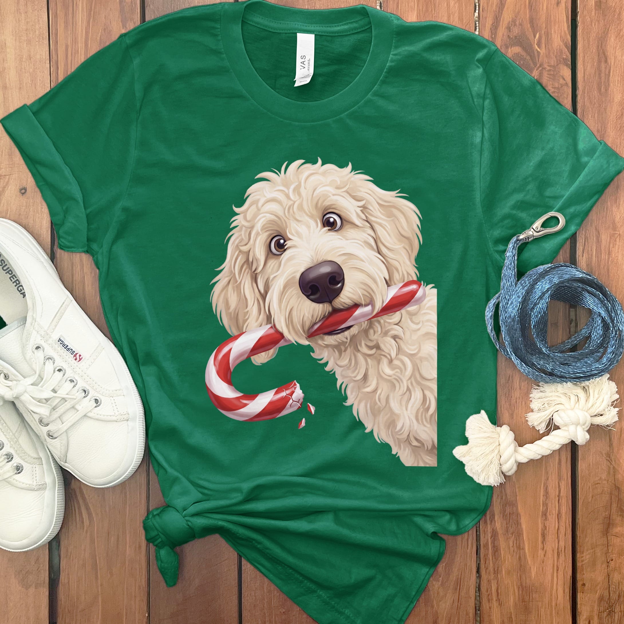 Cream Goldendoodle Candy Cane Thief T-Shirt in S / Kelly by Puppy Jo