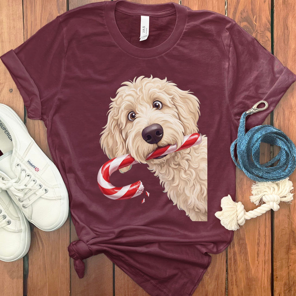Cream Goldendoodle Candy Cane Thief T-Shirt in S / Maroon by Puppy Jo