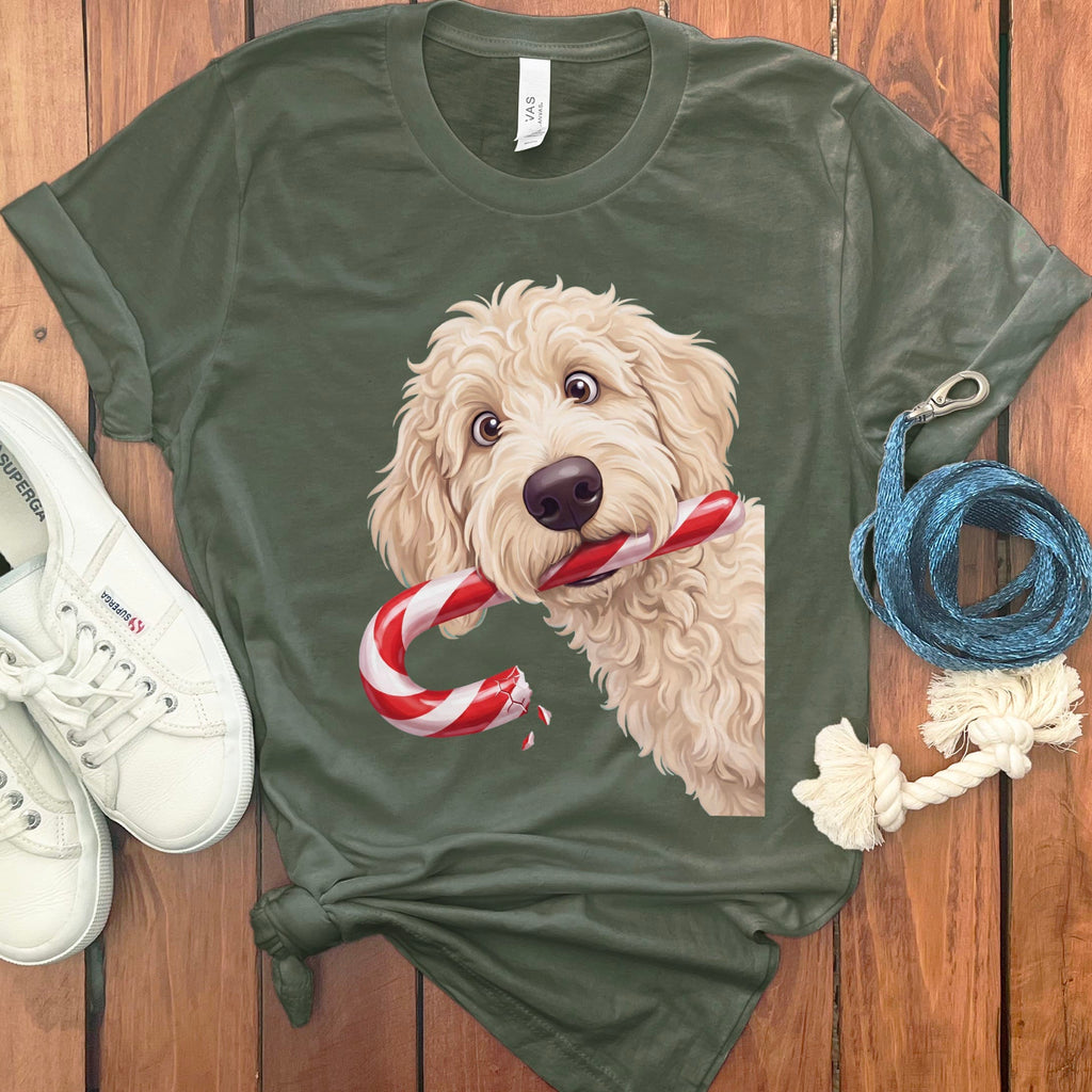 Cream Goldendoodle Candy Cane Thief T-Shirt in S / Military Green by Puppy Jo