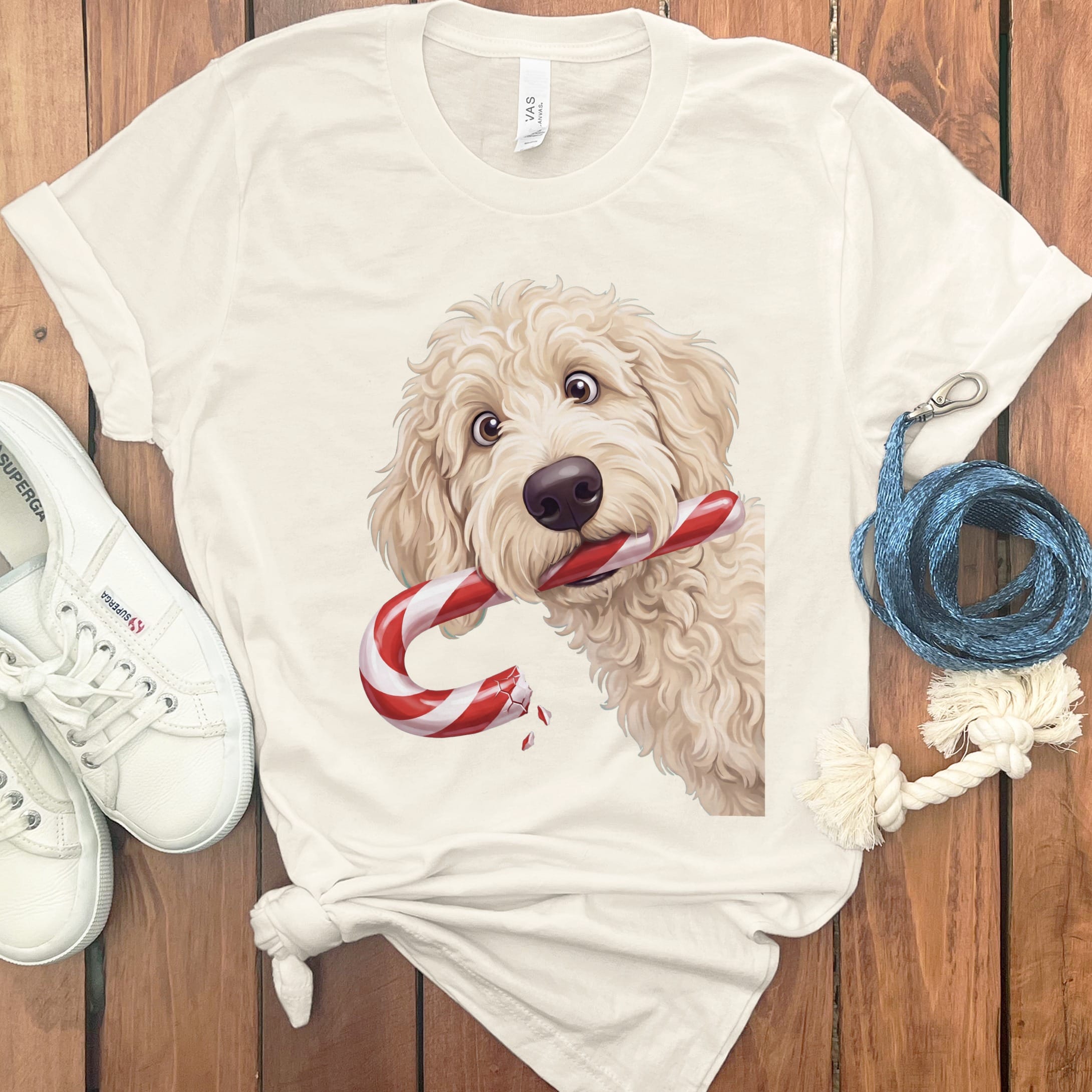 Cream Goldendoodle Candy Cane Thief T-Shirt in S / Natural by Puppy Jo