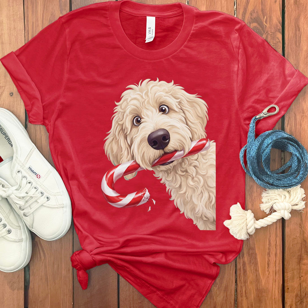 Cream Goldendoodle Candy Cane Thief T-Shirt in S / Red by Puppy Jo